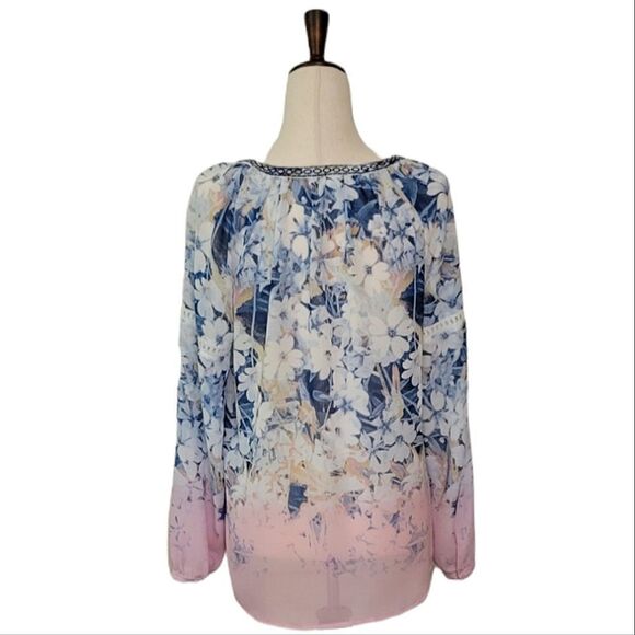 Vintage America Rochelle Blue & Pink Floral Tassil Long Sleeve Chiffon Blouse - Picture 3 of 8